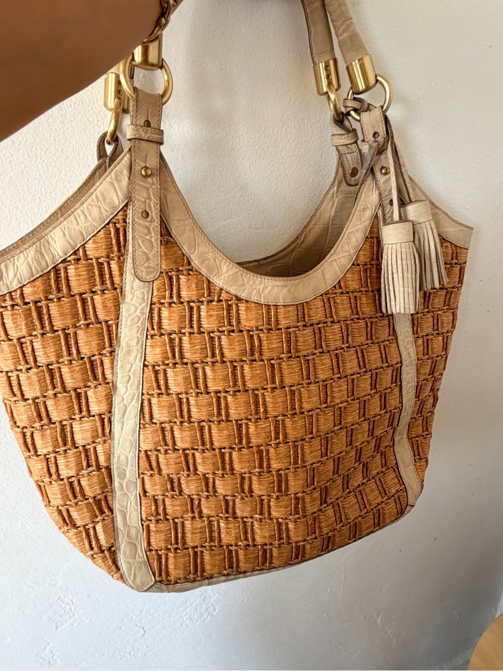 Brahmin Woven Straw Tote with Cream Leather Trim embossed croc - Picture 11 of 12